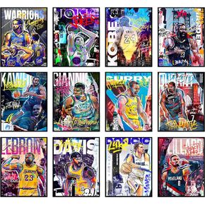 Bigwig Prints Basketball Poster Set - Basketball Posters for Boys Bedroom, Basketball Wall Art, NBA Posters for Boys Bedroom, NBA Poster, Kobe Bryant, Lebron James, Steph Curry -Unframed 12 PCS (8x10)