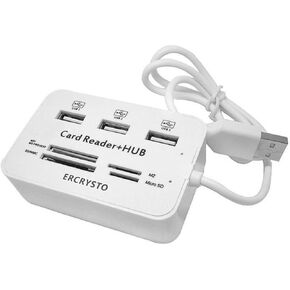 Card Reader and 3 Ports USB Hub, High Speed External Memory Card Reader (MS, Micro SD,SD/MMC,M2,TF Card), White.