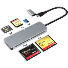 CFast Card Reader, USB C+A CFast 2.0 Card Reader, Type-C & USB-A 3.0 5Gbs CFast Memory Card Adapter for SanDisk, Lexar, Transcend, Sony Card, Read CFast/TF/SD/XD/CF 5 Cards Simultaneously