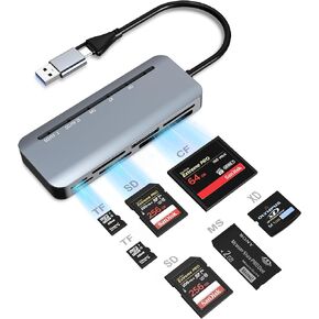 7 in 2 USB3.0 Memory Card Reader, SD Card Reader Dual Connector Adapter (USB&USB C), MultiPort Hub for 5 Ports Simutaneously Read, Supports SD TF Micro SD CF XD MS SDXC SDHC MMC Pro-Duo Multi Card