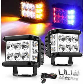 NAOEVO 4 Inch Strobe LED Light Pods, Amber White Blue Red Side Shooter, 6 Modes 60W Off Road Light with Memory Function, Emergency Fog Driving Work Light for Truck Boat Jeep SUV with Wiring Harness