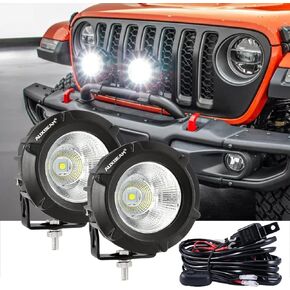 Auxbeam 4In Round LED Offroad Lights 2PCS، 110W Round LED Pods ضوء القيادة المساعد مع تصميم العنبر DRL، شريط إضاءة LED فائق السطوع مستدير لتسخير أسلاك ضوء الضباب لشاحنة بيك اب SUV ATV UTV 4x4