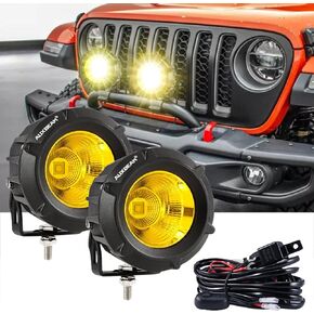 Auxbeam 4In Round LED Offroad Lights 2PCS, 110W Round LED Pods Auxiliary Driving Light with Amber DRL Design, Super Bright LED Light Bar Round Fog Light Wiring Harness for Truck Pickup SUV ATV UTV 4x4
