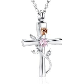 shajwo Cross Urn Necklace for Ashes Birthstone Rose Flower Cremation Jewelry for Women Gilrs Keepsake Memorial Ashes Pendant