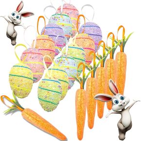 Easter Egg Ornaments and Carrot Hanging Ornaments,Easter Decorations 12Pcs Colorful Foam Easter Eggs and 6Pcs Carrots Glitter DIY Craft Artificial Easter Tree Decor for Easter Basket Spring Home Party