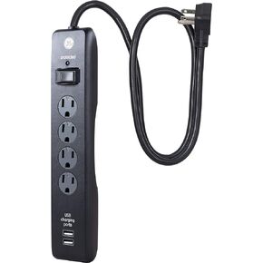 GE 4-Outlet Surge Protector, 2 USB Ports, 3 Ft Power Cord, 800 Joules, Twist to Lock Safety Covers, Automatic Shutdown Technology, Circuit Breaker, Warranty, UL Listed, Black, 33654