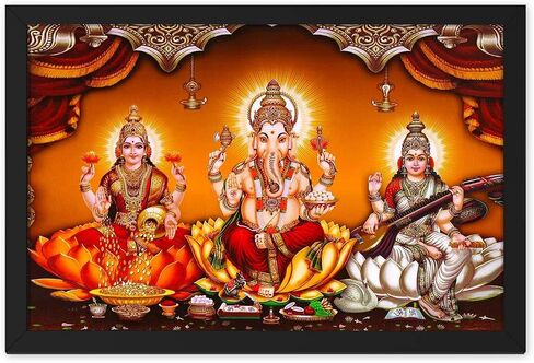 صورة لوحة MangalFashions Three Hindu Gods Lakshmi Ganesha Saraswati مع إطار (خشب صناعي)، متعددة الألوان، دينية، 13.5 × 9.5 بوصة in Saudi Arabia