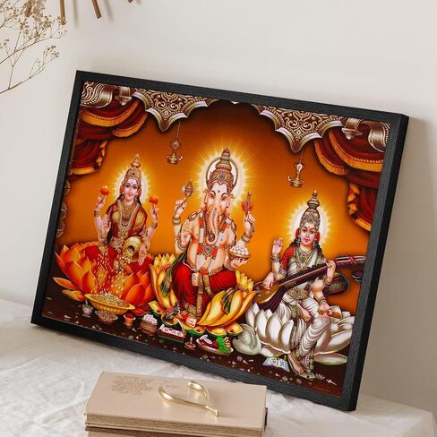 صورة لوحة MangalFashions Three Hindu Gods Lakshmi Ganesha Saraswati مع إطار (خشب صناعي)، متعددة الألوان، دينية، 13.5 × 9.5 بوصة in Saudi Arabia
