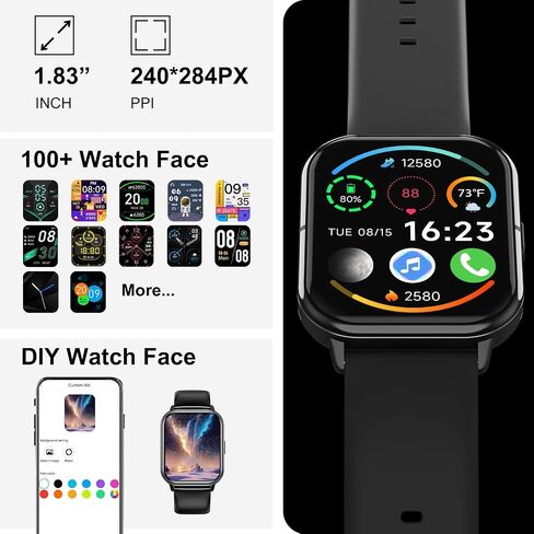 Smart Watch for Men Women, 1.83" HD Screen, Smartwatch with Heart/Sleep Rate Monitor, IP68 Waterproof Fitness Watch with Zinc Alloy Frame, 20+ Sport Modes, Notifications Compatible with iOS Android in Saudi Arabia