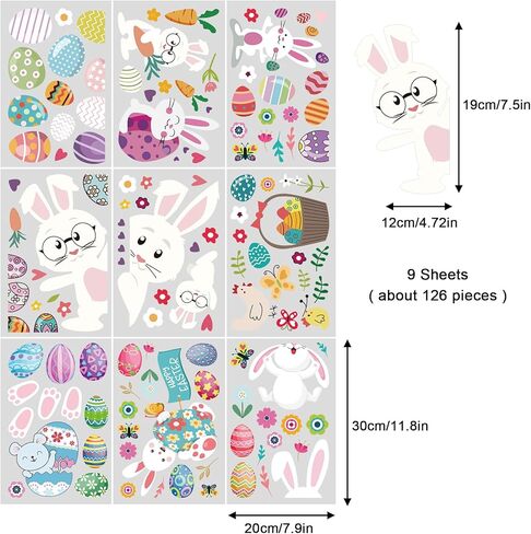 ملصقات نافذة أرنب عيد الفصح، ملصقات نافذة عيد الفصح لتزيين النوافذ الزجاجية على شكل بيض عيد الفصح، ملصقات نافذة زنبركية ثابتة قابلة لإعادة الاستخدام لديكورات حفلات عيد الفصح، 9 أوراق من 126 قطعة in Kuwait