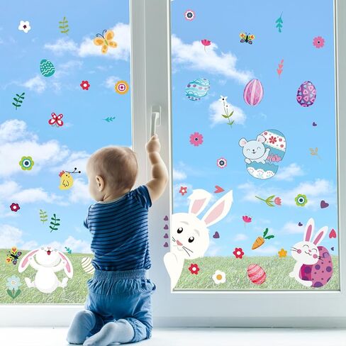 ملصقات نافذة أرنب عيد الفصح، ملصقات نافذة عيد الفصح لتزيين النوافذ الزجاجية على شكل بيض عيد الفصح، ملصقات نافذة زنبركية ثابتة قابلة لإعادة الاستخدام لديكورات حفلات عيد الفصح، 9 أوراق من 126 قطعة in Kuwait