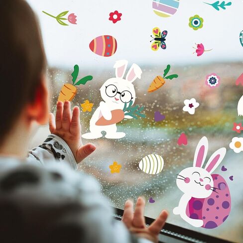 ملصقات نافذة أرنب عيد الفصح، ملصقات نافذة عيد الفصح لتزيين النوافذ الزجاجية على شكل بيض عيد الفصح، ملصقات نافذة زنبركية ثابتة قابلة لإعادة الاستخدام لديكورات حفلات عيد الفصح، 9 أوراق من 126 قطعة in Kuwait