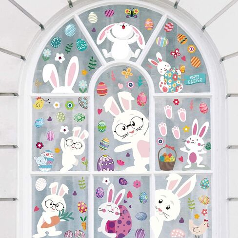 ملصقات نافذة أرنب عيد الفصح، ملصقات نافذة عيد الفصح لتزيين النوافذ الزجاجية على شكل بيض عيد الفصح، ملصقات نافذة زنبركية ثابتة قابلة لإعادة الاستخدام لديكورات حفلات عيد الفصح، 9 أوراق من 126 قطعة in Kuwait