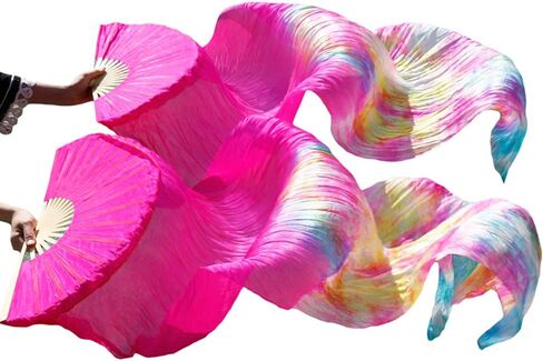 Aumulen Women 1 Pair (Left+Right) Real Silk Belly Dance Fan Veils Hand Made Colorful Tie-Dyed Dance Fans in Kuwait