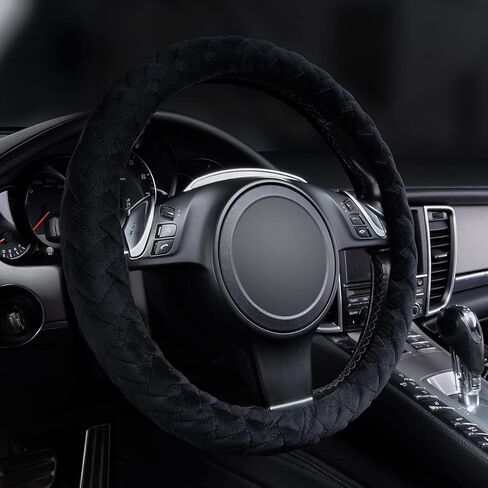 Flying Banner car Steering Wheel Cover Gel Massage Velvet Cool Warm Universal Size 15 inches SUV Truck Anti Slip Odorless Summer Winter (Black Beige, Gel Massage) in Saudi Arabia