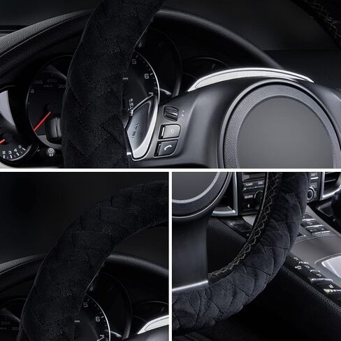 Flying Banner car Steering Wheel Cover Gel Massage Velvet Cool Warm Universal Size 15 inches SUV Truck Anti Slip Odorless Summer Winter (Black Beige, Gel Massage) in Saudi Arabia