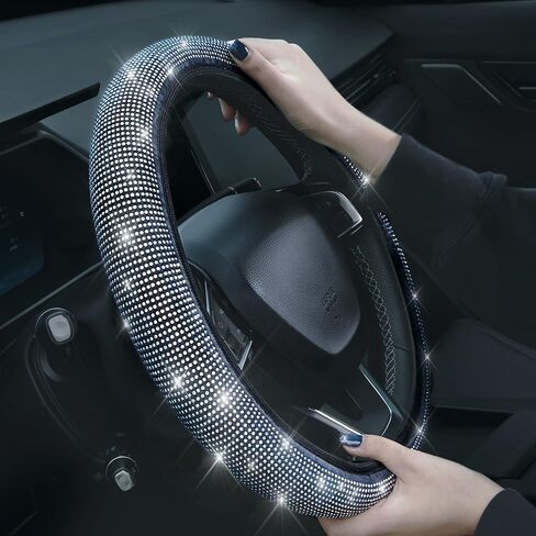 Bling Rhinestones Steering Wheel Cover with Crystal Diamond Sparkling Car SUV Breathable Anti-Slip Steering Wheel Protector (Fit 14.2"-15.3" Inch) in Kuwait