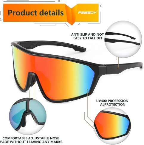 FEISEDY Cycling Sunglasses Men Women, UV400 Protection for Baseball Cycling Sun Glasses Youth 8-12 B0085 in Kuwait