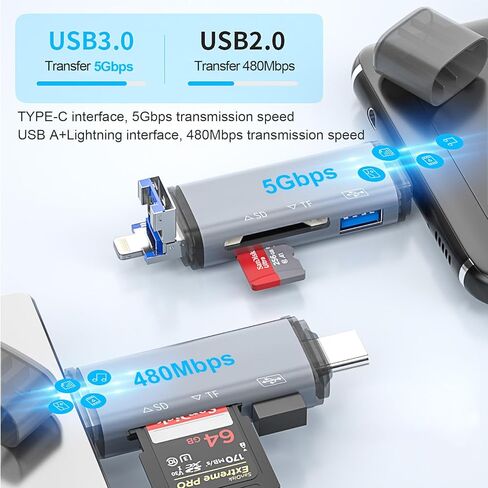 3-in-1 SD Card Reader for Smartphone and PC,3 Connectors Lightning/USB C/USB A,3 Card Slot Supports USB Flash Drive/SD/Micro SD/SDHC/SDXC/MMC for iPhone 15/14,iPad,MacBook,Android,Galaxy,PC and More in Kuwait