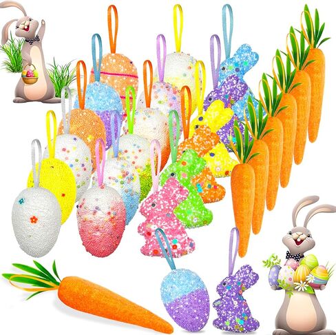 24 قطعة من زخارف بيض عيد الفصح والجزر، زخارف معلقة من الفوم الملون، زينة أرنب عيد الفصح المعلقة من الفوم الفاخر، بريق الجزر الاصطناعي، ديكورات شجرة عيد الفصح، ديكورات المنزل والحفلات اليدوية in Kuwait