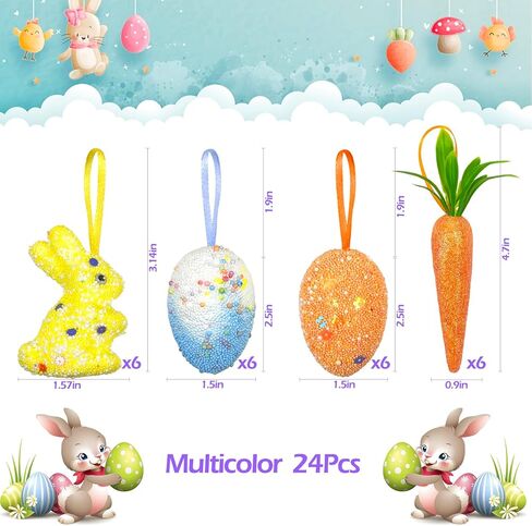 24 قطعة من زخارف بيض عيد الفصح والجزر، زخارف معلقة من الفوم الملون، زينة أرنب عيد الفصح المعلقة من الفوم الفاخر، بريق الجزر الاصطناعي، ديكورات شجرة عيد الفصح، ديكورات المنزل والحفلات اليدوية in Kuwait