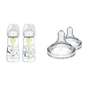 Dr. Brown's Natural Flow® Anti-Colic Options+™ Wide-Neck Baby Bottle Designer Edition Bottles & Natural Flow Level 2, Wide-Neck Baby Bottle Silicone Nipple, Medium Flow, 3m+