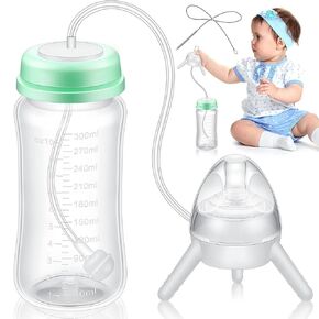 Nuanchu Self Feeding Baby Bottle with Straw 10 oz Bottle Holder for Baby Self Feeding Leak Proof Feeding Bottle Anti Colic for Newborn Nursing, Green