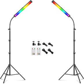 2 Pack RGB LED Video Light Wand Kit, QEUOOIY 360° Full Color 2500-9500K Led Photography Lighting Sticks with 32-77.6" Tripod, 5000mAh Rechargeable Battery &Magnet with Gooseneck Soft Tube for YouTube