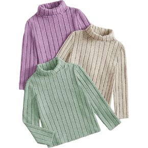 Floerns Girl's 3 Pcs Long Sleeve Solid Turtleneck Ribbed Knit Tee Shirt Purple Khaki Green 4Y