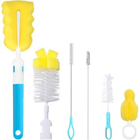 Baby Bottle Cleaning Brush 6-Piece Set Detachable Sponge Bottle Brush, Nylon Milk Bottle Brush, 2PCS Nipple Brush, 2PCS Straw Brush (Blue)