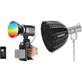 NEEWER MS60C RGBWW LED Video Light with 2.4G/APP Control, 65W Metal Mini RGB COB Continuous Output Lighting with NS55P Parabolic Softbox Quick Release with Diffuser and Grid, 22" Photography Softbox