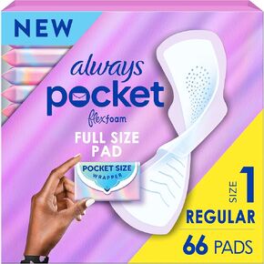 Always Pocket Feminine Pads with FlexFoam, Size 1, Regular, with Wings, Unscented, 66 Count