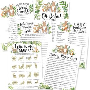 25 Woodland Animal Matching, 25 Nursery Rhyme Game, 25 Word Scramble For Baby Shower, 25 True Or False Game, 25 Who Knows Mommy Best, 25 Baby Prediction And Advice Cards - 6 Double Sided Cards