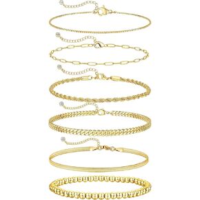 Gold Bracelets for Women 14K Dainty Gold Plated Bracelet Stack for Women Trendy Chain Bracelet Set Waterproof Paperclip Rope Snake Cuban Box Beaded Bracelets Jewelry Set for Women