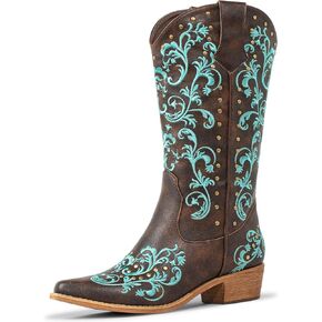 SheSole Women's Cowboy Boots Fashion Floral Embroidered Studed Style Wide Calf Cowgirl Boot Snip Toe