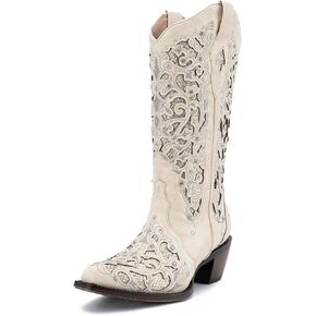 Huntarry Rhinestones Cowboy Boots for Women,Mid Calf Sparkle Square Toe Chunky Block Heel Boots Pull on Wedding Glitter Knee High Boot
