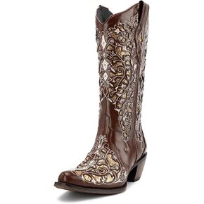 Huntarry Rhinestones Cowboy Boots for Women,Mid Calf Sparkle Square Toe Chunky Block Heel Boots Pull on Wedding Glitter Knee High Boot