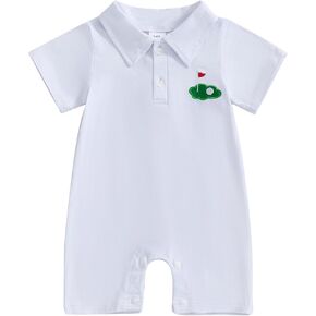 Newborn Baby Boy Outfit Short Sleeve Lapel Collar Button Up Golf Hole Embroidery Romper Jumpsuit Infant Summer Clothes