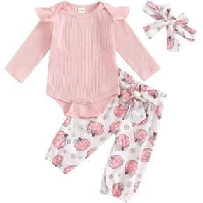 Emmababy Baby Girl Romper Daisy Pants Set Solid Ribbed Knit Bodysuit Bowknot Pants Headbands Fall Clothes Coming Home Outfit