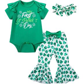 Infant Girl My First St Patrick's Day Shamrock Flared Pants Set with Headband