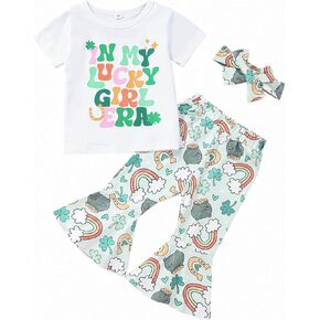 Noubeau Toddler Baby Girls St.Patrick's Day Outfit Kid Clover Short Sleeve Shirt Tops Shamrock Flare Pants Sets Headband