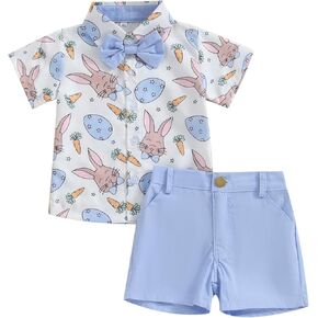 Karuedoo Toddler Baby Boy Easter Outfits Bunny Print Button Down Short Sleeve Shirt and Shorts Set Gentleman Suits