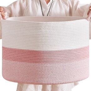 سلة تخزين حبل Clhmily & Z Round Cotton Rope - 22x14.2 بوصة - صندوق حضانة لطيف ، منظم لعبة الأطفال ، منظم وردي للديكور المنزلي ، حل متعدد الأغراض.