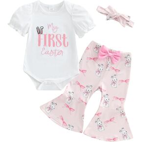 My First Easter Baby Girl Outfit Infant Short Sleeve Romper Bunny Print Flare Pants Bell Bottoms Set 3Pcs