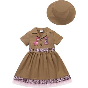 IDOPIP Baby Girls Wild Jungle Safari 1st Birthday Outfit Toddler Leopard Giraffe Tutu Dress with Hat Clothes for Photo Shoot