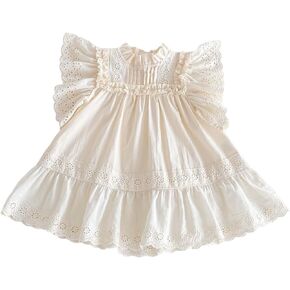 Summer Girls’ Cotton-Linen Princess Dress with Lace Trim and Flutter Sleeves