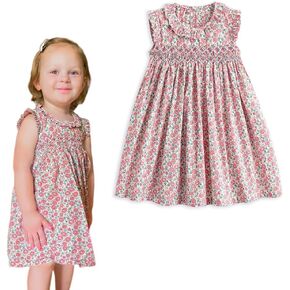 Simplee kids Baby Girls’ Smocked Dress Handmade Summer Casual Dresses Floral Print Sundress Princess Dress for Toddlers for 3T