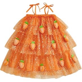 Toddler Baby Gir Easter Tulle Dress Sleeveless Bunny Carrot Print Ruffle Mesh Layered Dress Princess Tutu Dresses