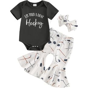 3pcs Baby Girl Summer Outfit Short Sleeve I'm Told I Love Hockey Romper Flare Pants Headband Infant Hockey Clothes