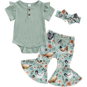 Newborn Baby Girl Fall Clothes Ruffled Short Sleeve Button Ribbed Romper Farm Chicken Flare Pants with Bow Headband